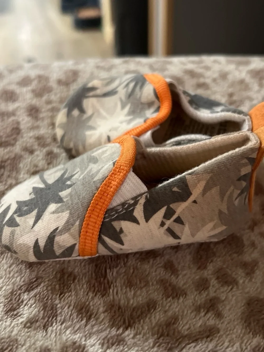 Kids Grey Leaf-Print Slip-On Shoes with Orange Trim